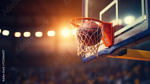 Basketball hoop and ball, scoring points in basketball game close up. Generative ai photo