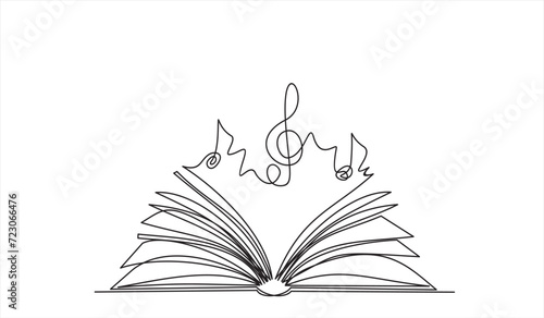 Book with treble clef and musical note one line art,hand drawn continuous contour.Creative design.Education studying learning concept,artistic template outline.Editable stroke.Isolated.Vector
