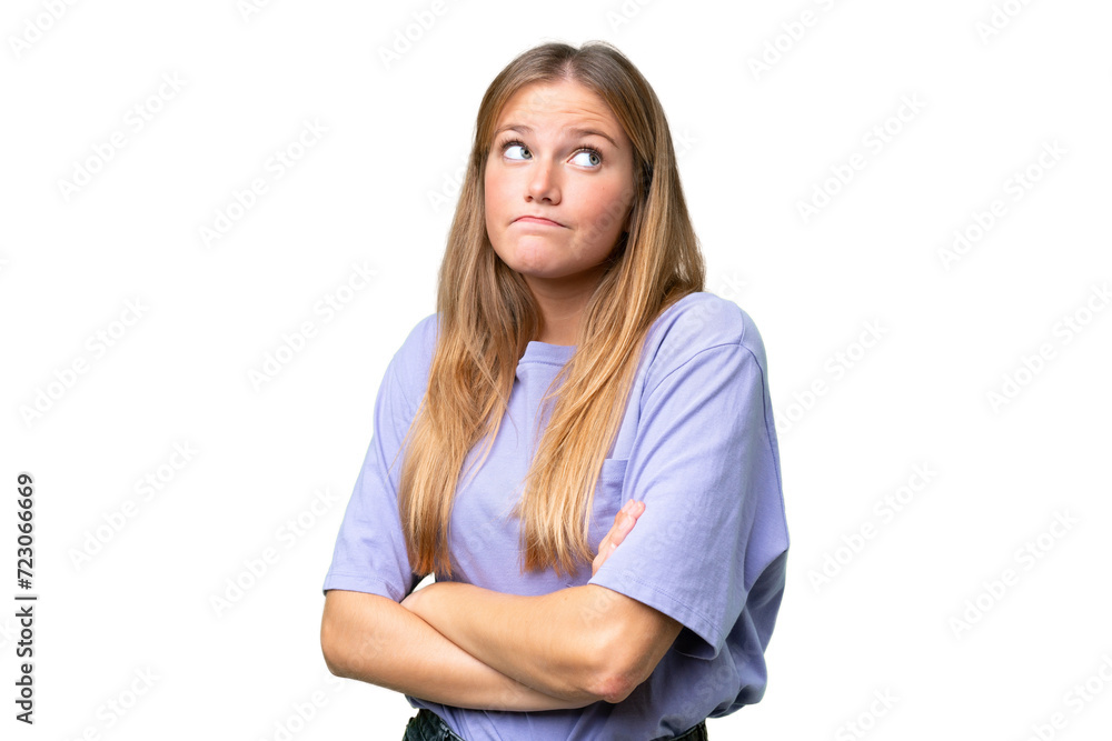 Young beautiful woman over isolated background making doubts gesture while lifting the shoulders Young beautiful woman over isolated background making doubts gesture while lifting the shoulders
