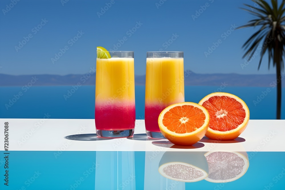 Vibrant fruit cocktail by the sea. Refreshing and sunlit minimal still life, essence of a tropical escape, concept of summer Vibrant fruit cocktail by the sea. Refreshing and sunlit minimal still life, essence of a tropical escape, concept of summer