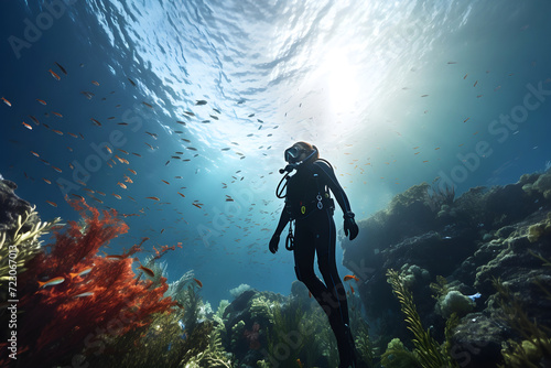 Person in scuba diving attire explores the underwater world, studying marine life and biodiversity, investigates the impact of global warming and climate change on ocean ecosystems © Maria Shchipakina