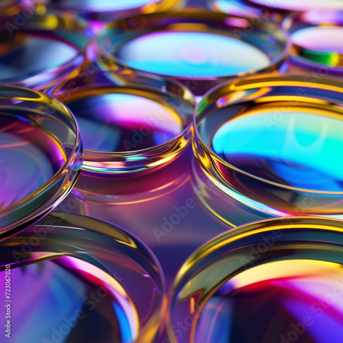 Glass disc shapes with colorful reflections composition. 3d rendering illustration, ai technology