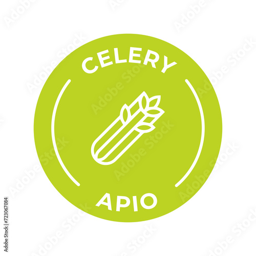 Isolated Vector Logo Badge Ingredient Warning Label. Colorful Allergens icons. Food Intolerance Celery. Written in Spanish and English