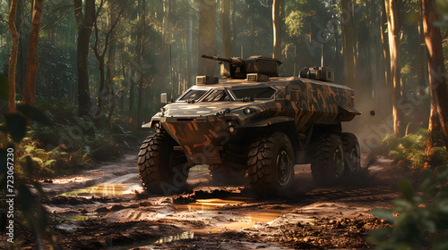 Military vehicle on the road in the forest