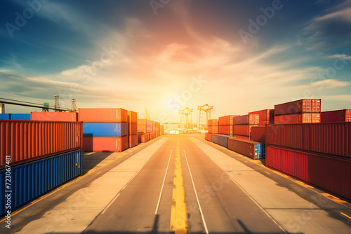 Wallpaper Mural Dramatic Sunset Over Industrial Shipping Container Yard, Global Trade and Transport Hub. International Logistics Concept Torontodigital.ca