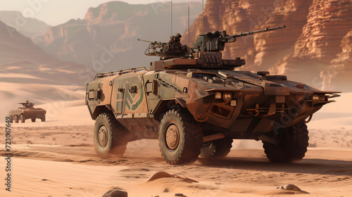 War Concept. Military vehicle in desert