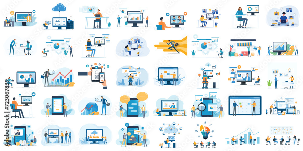 set business flat  vector illustration design style concept. for graphic and web page banners. set cartoon character design. team online video conference meeting. business planning. data analytics 
 - obrazy, fototapety, plakaty 