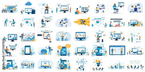 set business flat  vector illustration design style concept. for graphic and web page banners. set cartoon character design. team online video conference meeting. business planning. data analytics 
