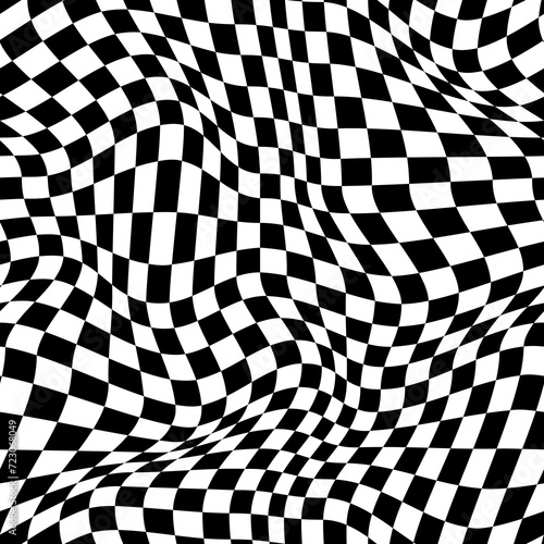 Wavy optical illusion checker seamless pattern background, trippy checkerboard. Vector mesmerizing, monochrome swirl. Undulating, abstract distorted psychedelic texture that play tricks on perception
