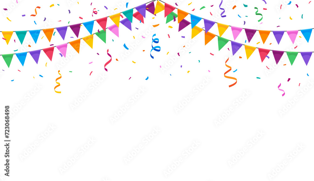 Fototapeta premium Birthday party flag garland and confetti. Vector festive background creating a lively atmosphere filled with joy and celebration. Vibrant Backdrop with colorful decorations, template for greeting card