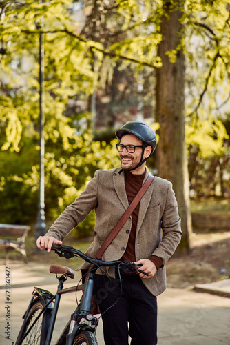 A cheerful college professor with a helmet and glasses on pushing his bicycle on the way to his lectures.