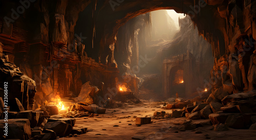 Beautiful view of an empty cave and a fire burning in the tunnel