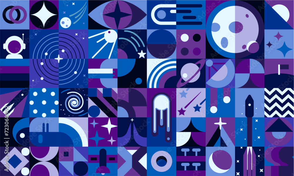 Galaxy space geometric abstract poster, vector pattern background with planets and rockets. Modern or retro mosaic pattern with geometric shape of astronaut, space stars, galaxy spaceship and asteroid