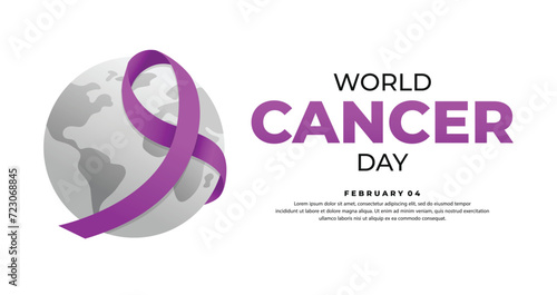 World cancer day. Purple gradient ribbon with earth globe  illustration. Celebrate world Cancer Day on february 4th. for banner, logo, sign, poster, wallpaper, social media etc