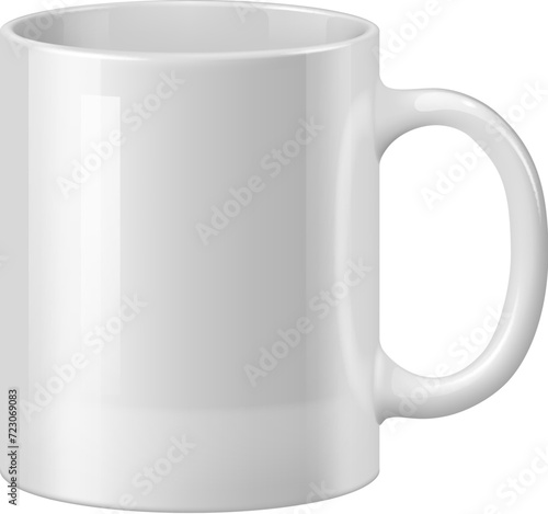 Realistic white ceramic coffee mug and tea cup, tableware mockup. Isolated 3d vector blank ceramicware with cylindrical shape, comfortable handle, and a glossy finish, perfect for brand identity