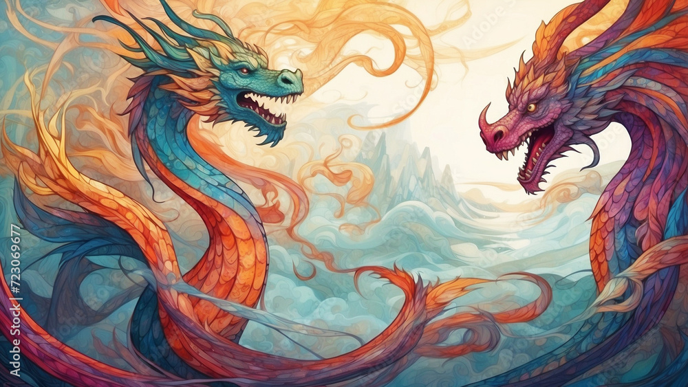 Vibrant and colorful two dragons fighting poster. AI generated
