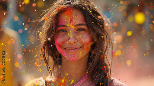 Joyful Celebration with Colorful Holi Powders, person's face is adorned with vibrant Holi powders, capturing the essence of festivity and cultural celebration in a burst of colors