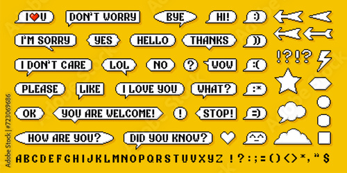 8bit retro pixel speech bubble messages and arrows, like and subscribe, follow, vector pixel font. Chat speech bubbles in 8 bit pixel art, dialog boxes and game talk or message clouds and stars icons