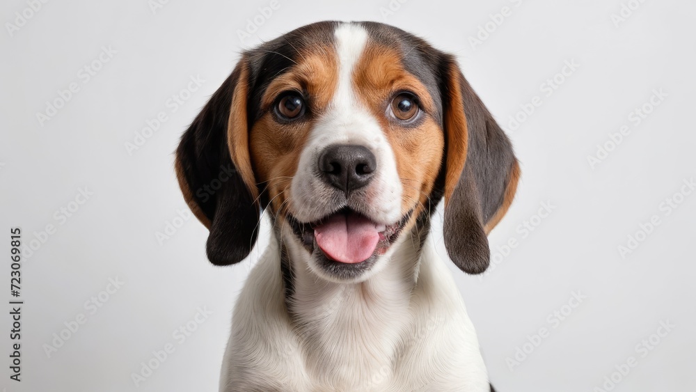 Portrait of Tricolor beagle dog on grey background
