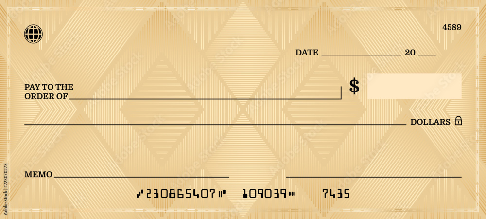 Blank golden bank check or checkbook cheque template, vector background. Money payment book cheque or paycheck with guilloche pattern, payment coupon layout with golden frame for bank voucher bill - obrazy, fototapety, plakaty 