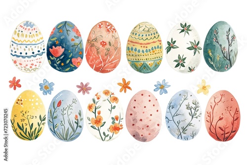 Kid-Friendly Easter Fun: Cute Watercolor Illustration of Easter Eggs Set