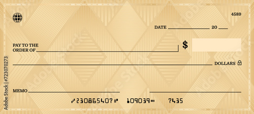 Blank golden bank check or checkbook cheque template, vector background. Money payment book cheque or paycheck with guilloche pattern, payment coupon layout with golden frame for bank voucher bill