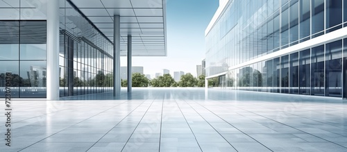 Fotografia Horizontal view of empty cement floor with steel and glass modern building exterior