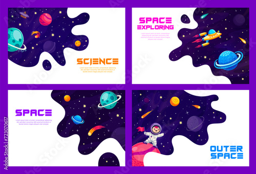 Galaxy space template banners and posters. Universe exploration adventure, outerspace discovery or astronomy travel cartoon vector banners with kid astronaut, planets and spaceships in outer space photo