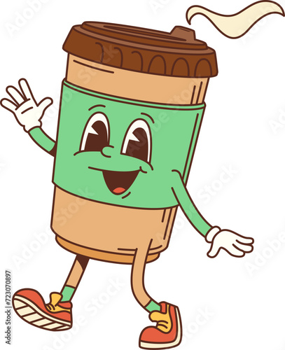 Cartoon groovy coffee cup character with happy face in hippie art or hipster style, isolated vector. Smiling groovy hot coffee cup walking and waving Hello with hands for coffeeshop or t-shirt print