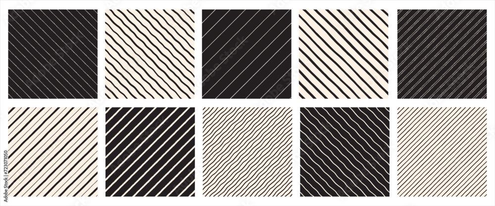 Diagonal hand drawn stripes, pinstripes, streaks seamless patterns set. Oblique, tilted chalk crayon lines, inclined strokes, uneven bars backgrounds. Striped dynamic black white endless textures. - obrazy, fototapety, plakaty 