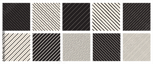 Diagonal hand drawn stripes, pinstripes, streaks seamless patterns set. Oblique, tilted chalk crayon lines, inclined strokes, uneven bars backgrounds. Striped dynamic black white endless textures.