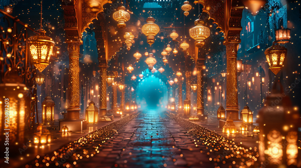 Enchanted Alley Illuminated by Lanterns, dreamlike alley bathed in the warm glow of hanging lanterns, creating a magical and inviting pathway in the dusk light