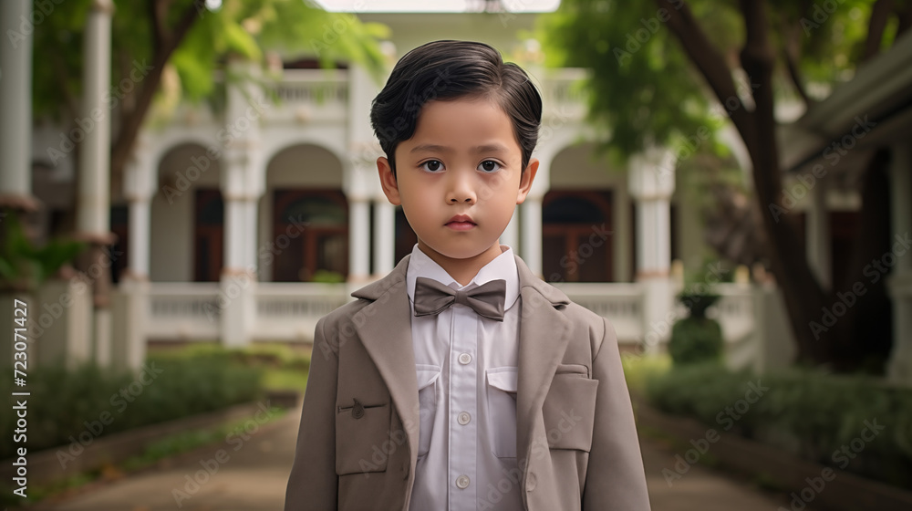 Boy in Formal Attire with Serious Expression Outdoors Boy in Formal Attire with Serious Expression Outdoors