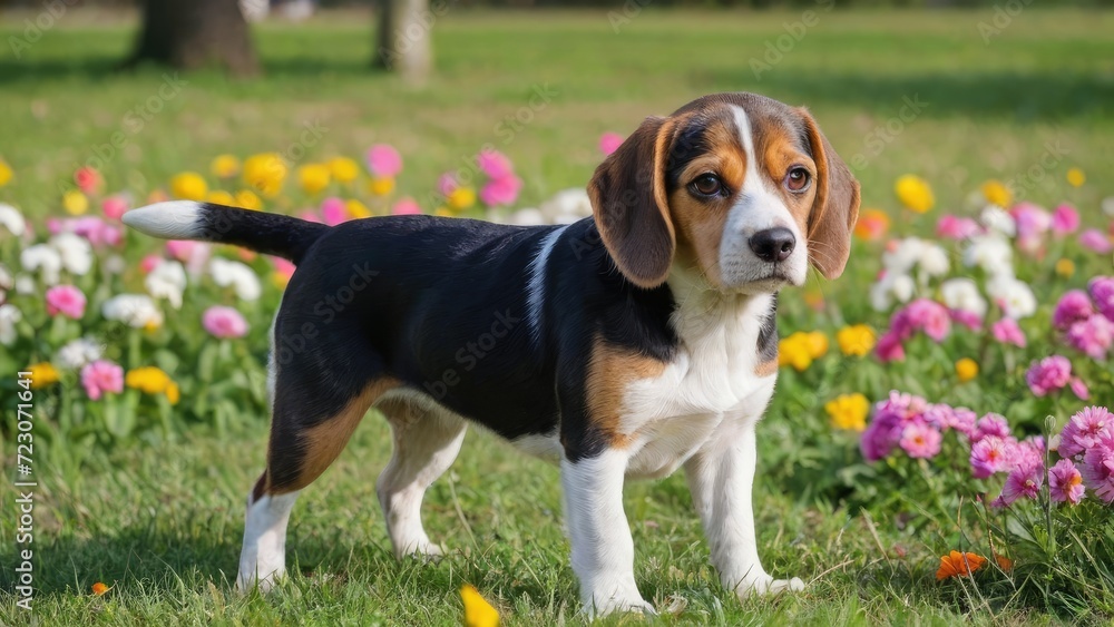 Tricolor beagle dog in flower field