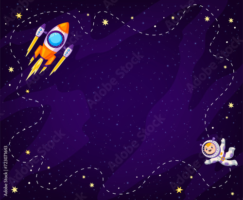 Cartoon kids space background with planets and rocket with trace, vector galaxy landscape. Kid spaceman astronaut and spaceship rocket shuttle launch in frame of starry sky for kid galactic background