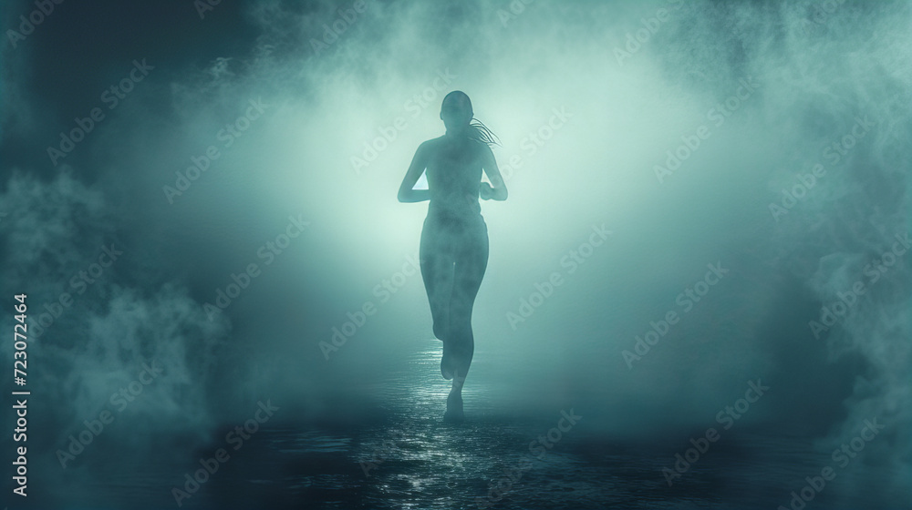Mystical Run in Moonlit Mist, runner's silhouette emerges powerfully against a backdrop of mist under the ethereal glow of moonlight, evoking a sense of mystery and determination