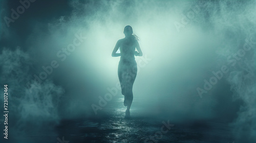 Mystical Run in Moonlit Mist, runner's silhouette emerges powerfully against a backdrop of mist under the ethereal glow of moonlight, evoking a sense of mystery and determination © Viktorikus