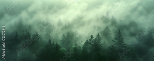 A misty mountain landscape with a forest of pine trees in a vintage retro style. The environment is portrayed with clouds and mist, creating a vintage and atmospheric imagery of a tree covered forest. © jex