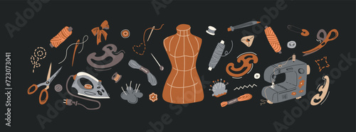 Big vector cartoon set of sewing tools elements. Threads, buttons, scissors, mannequin, patterns, sewing machine and iron. For advertising design of hobby and creative goods stores. Scandinavian style