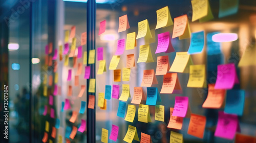 Colored notes or sticky notes on the glass wall in the office photo