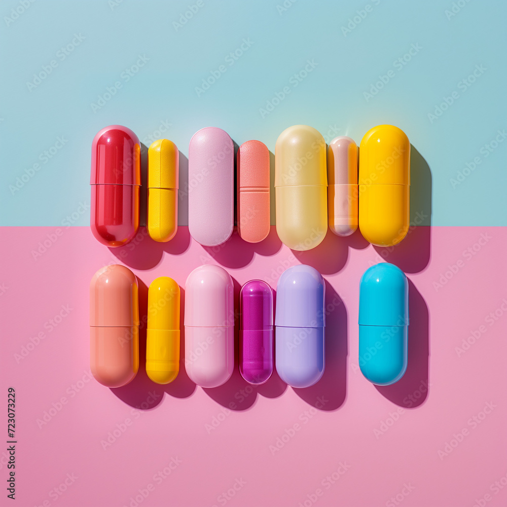 Creative layout of colorful pills. Minimal pastel health care concept. Flat lay Creative layout of colorful pills. Minimal pastel health care concept. Flat lay