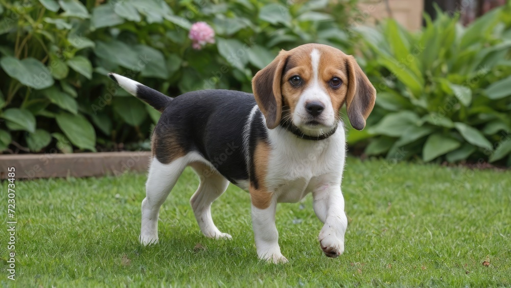Tricolor beagle dog in the garden Tricolor beagle dog in the garden