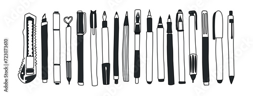 Big vector set of office supplies. Pens, pencils, stationery knife, liners, felt-tip pens. Set of isolated elements on a yellow background. Banner for school supplies store. Sketch hand drawn style.