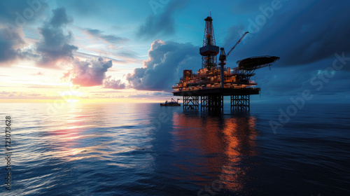 Aerial view offshore drilling rig (jack up rig) at the offshore location during sunset photo