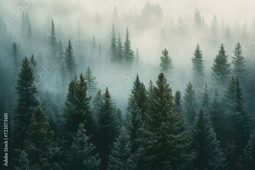 A misty mountain landscape with a forest of pine trees in a vintage retro style. The environment is portrayed with clouds and mist  creating a vintage and atmospheric imagery of a tree covered forest.
