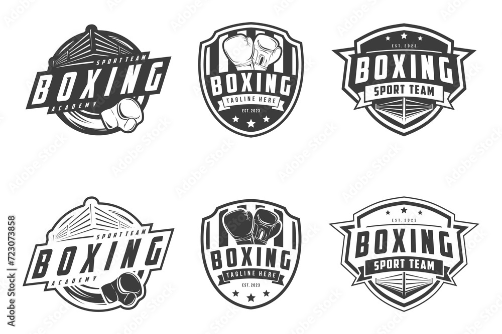 Boxing club logos labels emblems badges set, Boxing logo, emblem set collection, Black and white logo design template