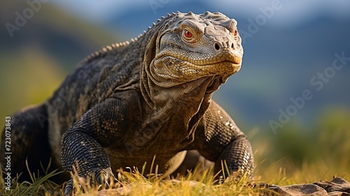 Komodo dragon with the forked tongue sniff air. Close up portrait.