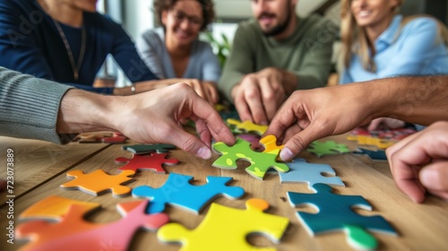 Team building, company employees play a game and connect puzzle pieces of the same color during