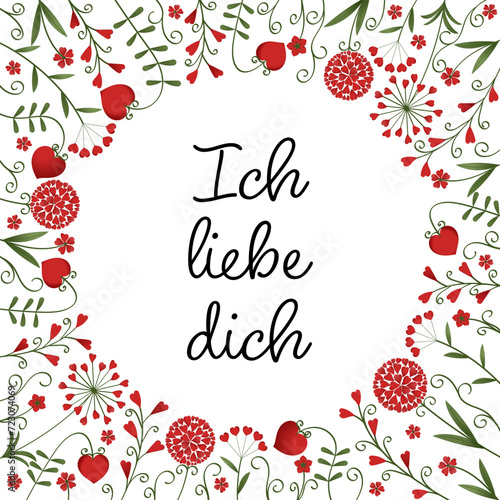 Ich liebe dich - Schriftzug in deutscher Sprache. Quadratische Liebesbotschaft mit Blumen aus roten Herzen. photo