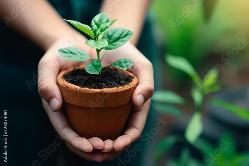  close-up of hands holding a small potted plant .AI Generate